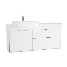 Vitra Voyage 62453 Lavabo Dolabı 130 cm, Seramik Etajerli lavabolu, Çekmeceli, Mat Beyaz - Doğal Meşe